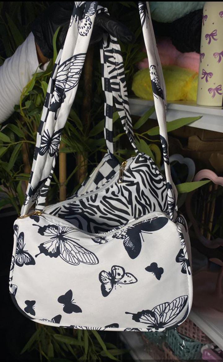 Butterfly Print Mini Shoulder Bag (Black/White)